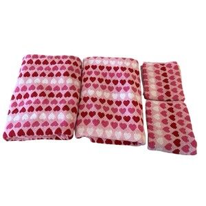 4-Pc Valentine's Theme Towel Set Red Pink White Hearts 2-Bath  27"x54" 2-Hand